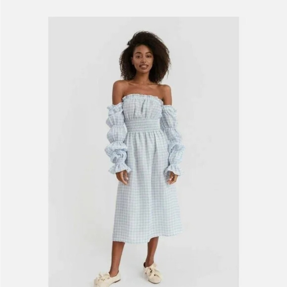 SLEEPER Off-Shoulder Blue Gingham Dress